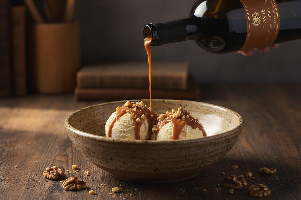 Lavie Dulce de Leche vertido sobre helado de vainilla y nuez