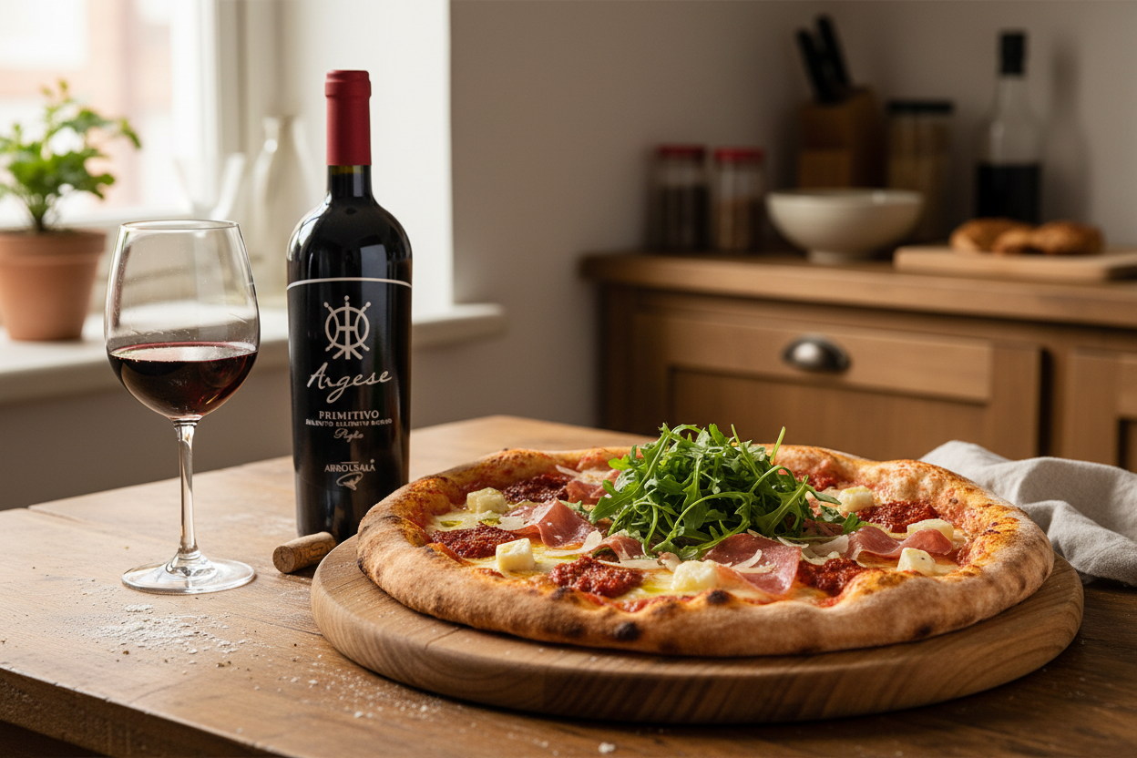 Maridaje Argese Primitivo con pizza gourmet con embutidos potentes y quesos semicurados