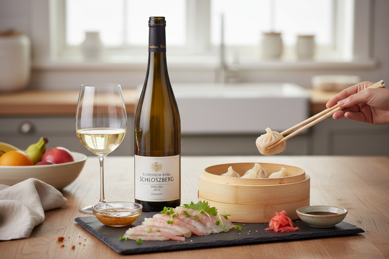 Maridaje Rüdesheim Berg Schlossberg Riesling VDP GG 2016 con sashimi y dim sum de langostino