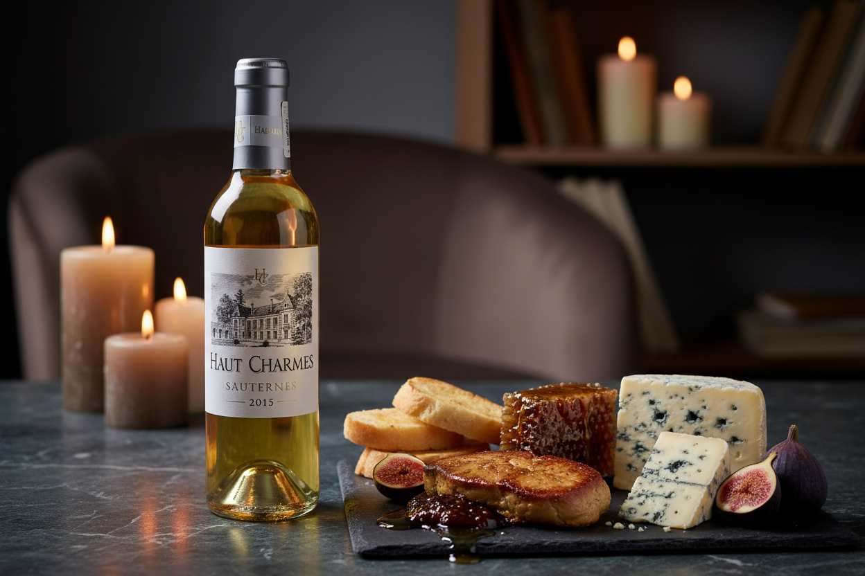 Haut Charmes Sauternes 2015 con Foie Gras y quesos azules Roquefort Gorgonzola - maridaje
