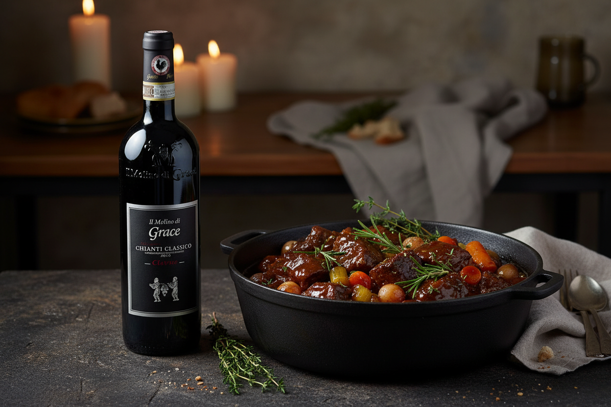 Chianti Classico Riserva 2018 con estofado de res con vino tinto - maridaje