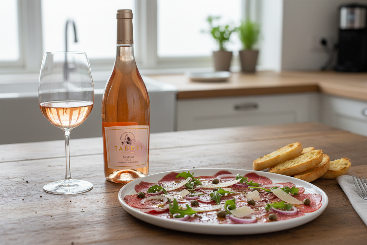 Maridaje Tabor Adama Barbera Rosé con carpaccio de res