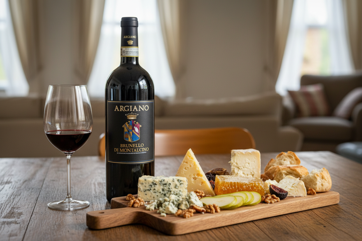 Maridaje Brunello di Montalcino Magnum 2019 con quesos intensos Gorgonzola picante