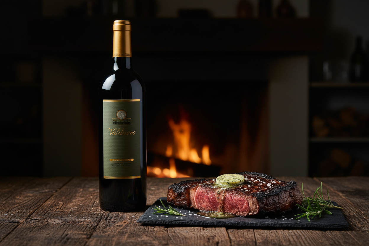 Valduero Magnum 2015 con cortes de carne premium a la leña - maridaje