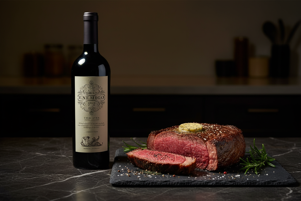 El Gran Enemigo Single Vineyard Chacayes 2016 con ojo de bife madurado - maridaje