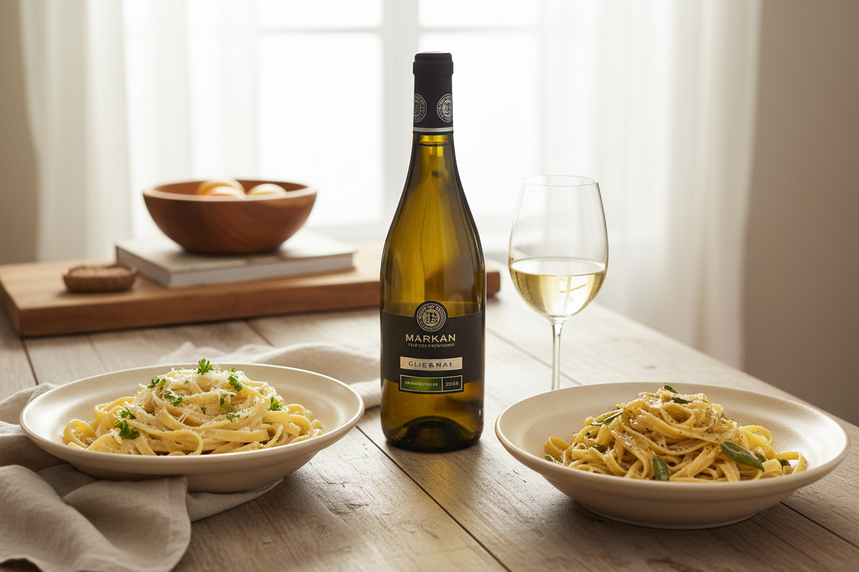 Maridaje Kosher Barkan Classic Chardonnay con pastas en salsas blancas suaves