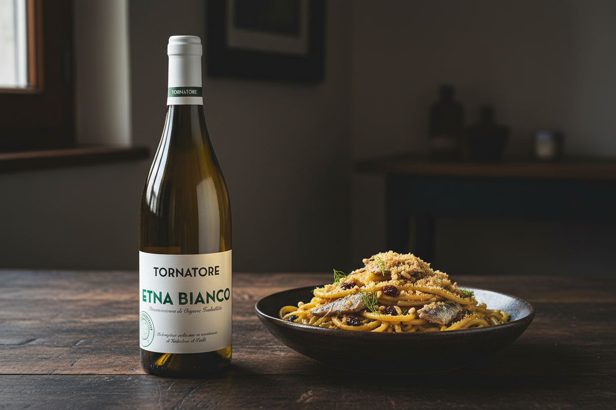 Etna Bianco 2023 con pasta con sardinas al estilo siciliano - maridaje