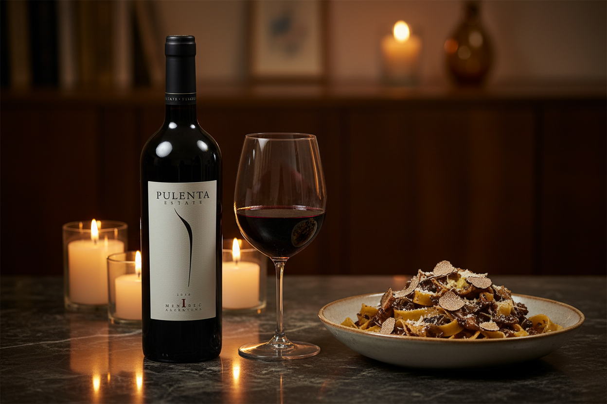 Maridaje Pulenta Gran Malbec con Pastas con Salsa de Hongos y Trufa Negra