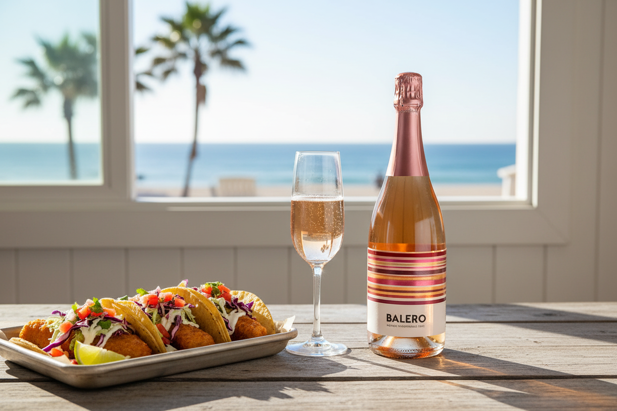 Maridaje Balero Rosado Espumoso con Tacos de Pescado Estilo Ensenada