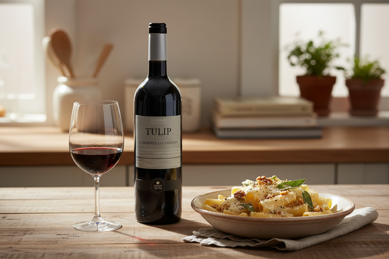 Maridaje Tulip Cabernet Sauvignon 2023 con pasta y quesos maduros Gruyère y Gorgonzolaslider_item_HiMBLA