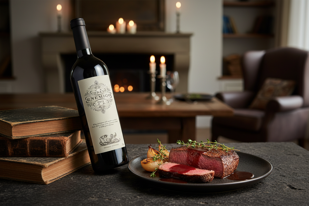 El Gran Enemigo Blend 2018 con cortes premium y reducción de vino - maridaje