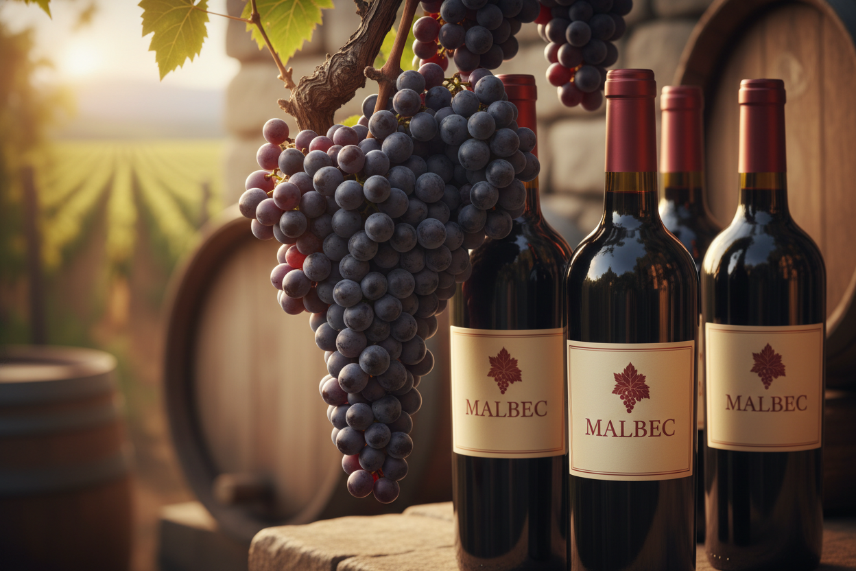 Imagen con Uva Malbec y algun vino que diga ese tipo de Uva en la etiqueta