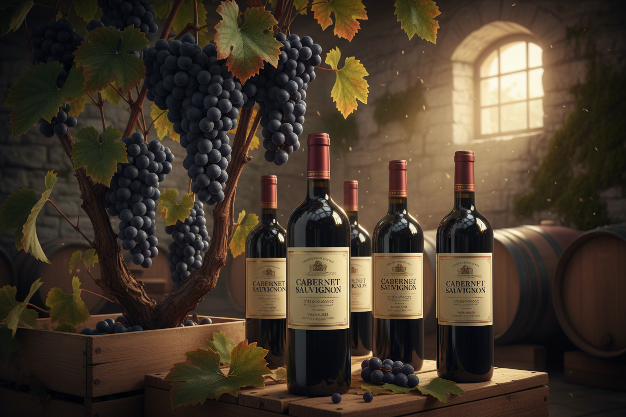 Imagen de uva cabernet Sauvignon con vinos que digan ese tipo de Uva en la etiqueta