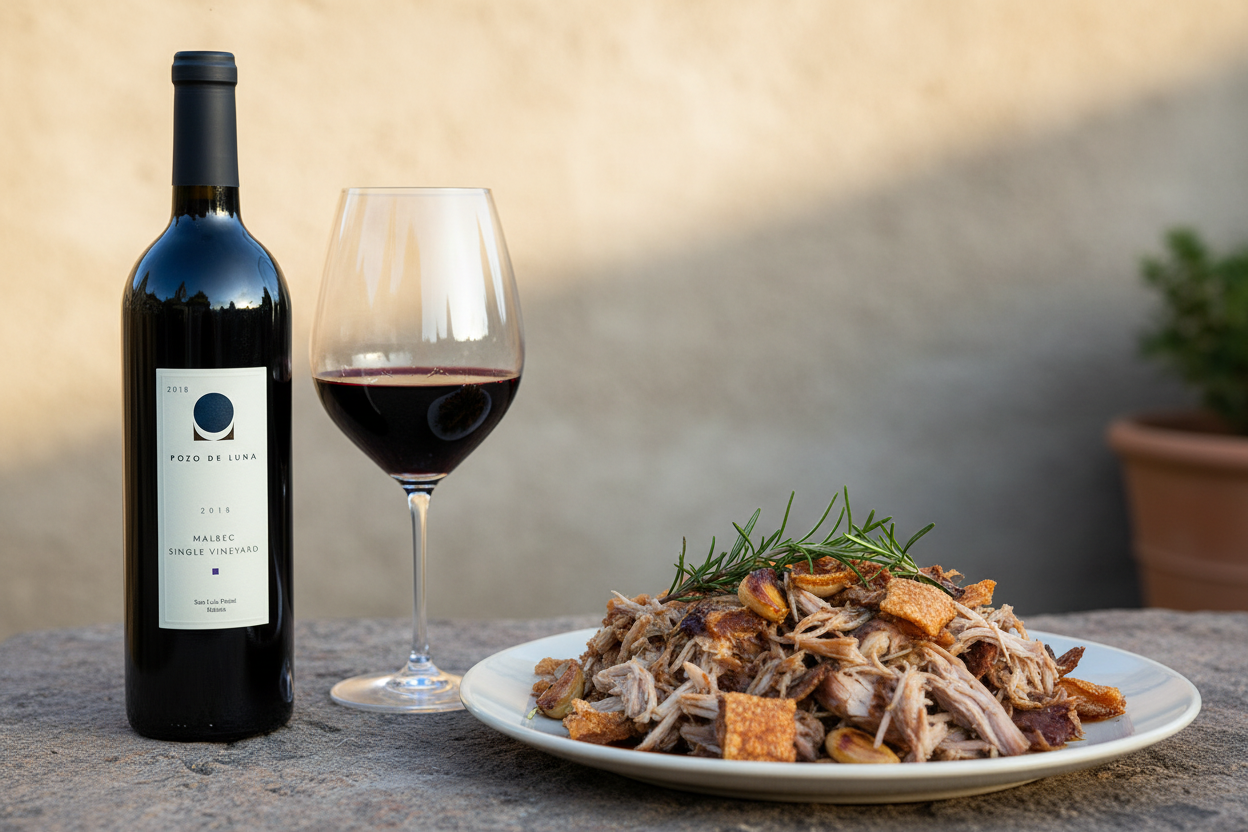 Lechón deshebrado con Pozo de Luna Malbec