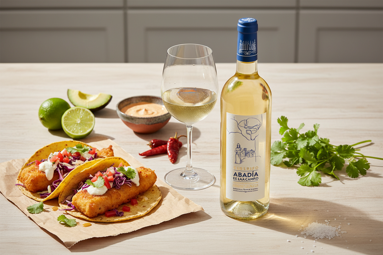 Maridaje Abadía de San Campio Albariño - Tacos de Pescado Ensenada