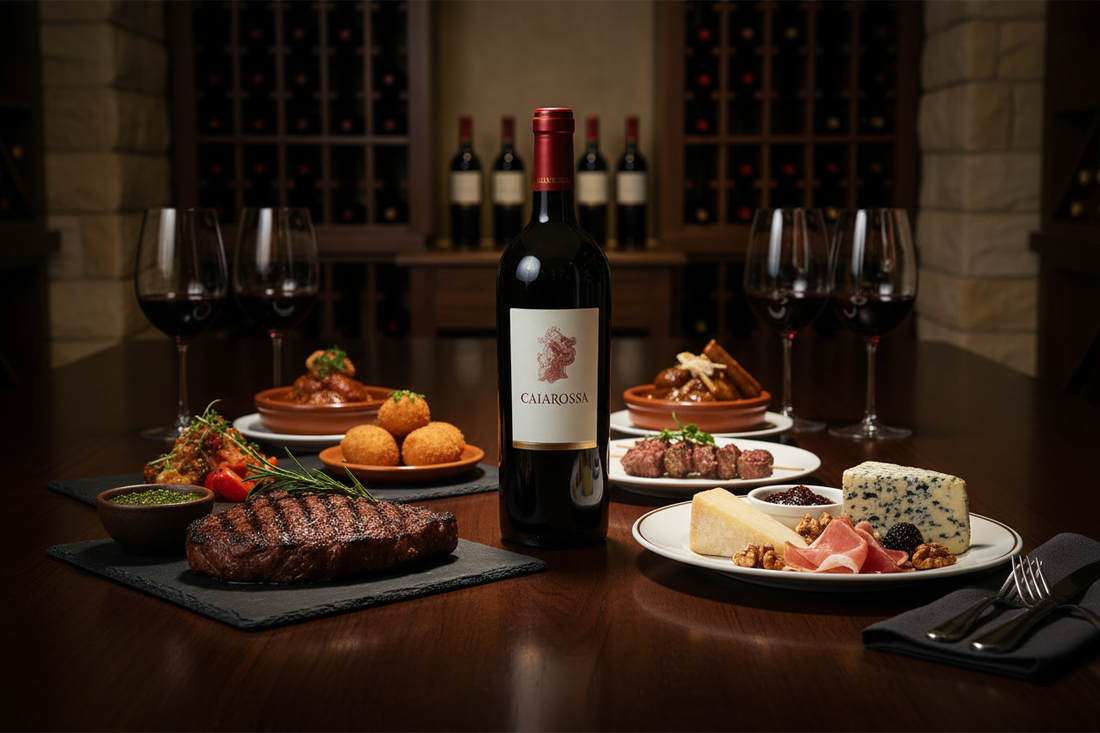 Botella de vino tinto Caiarossa 2018 Toscana IGT etiqueta roja minimalista