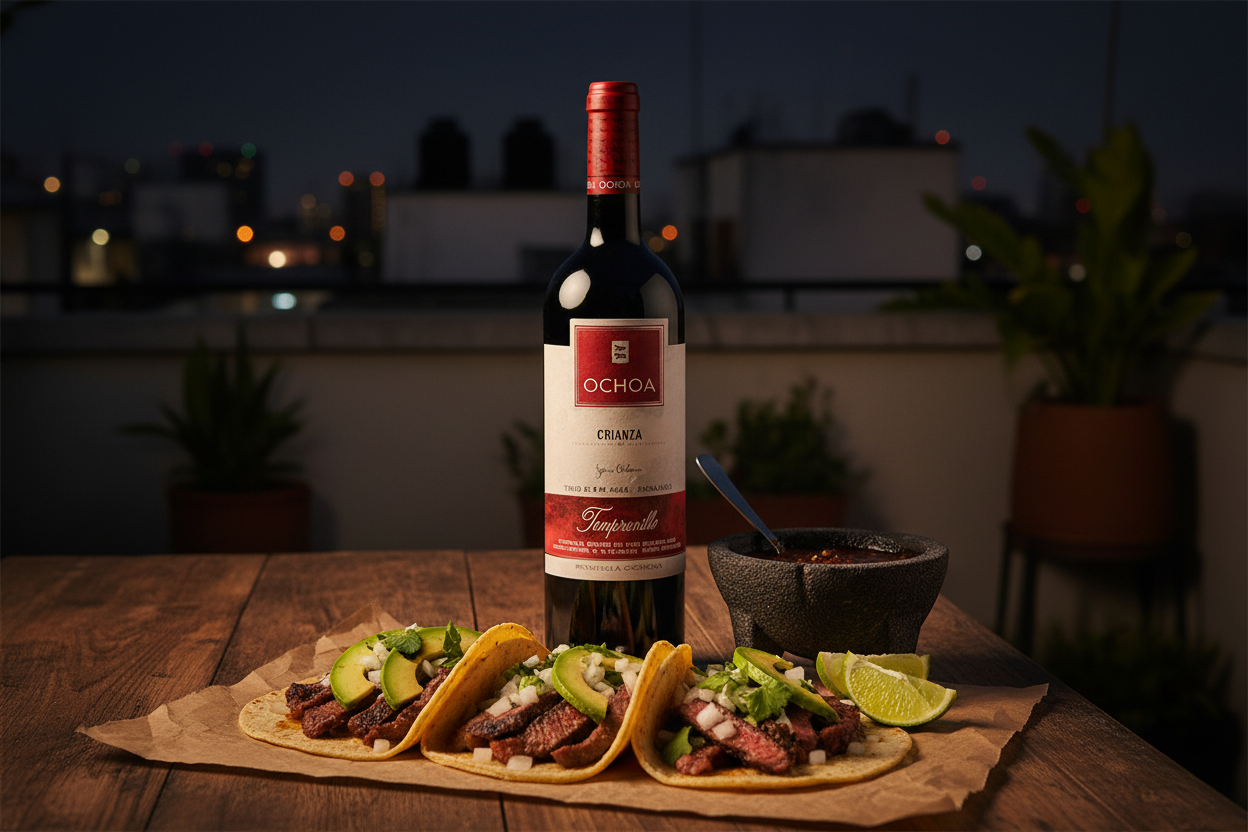 Maridaje Crianza Tempranillo Bodega Ochoa Navarra × Tacos de Arrachera