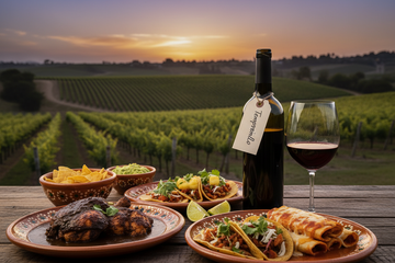 Maridaje de comida mexicana con algún vino que no tenga marca pero si algún tipo de uva y que esté un viñedo de fondo