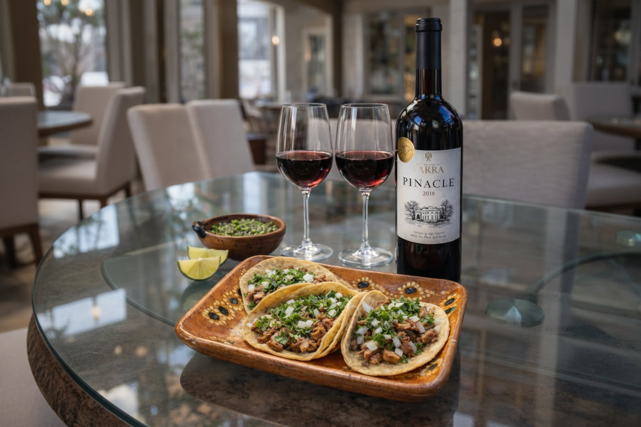 Pairing of carnitas tacos with Château Fakra Pinacle Syrah red wine