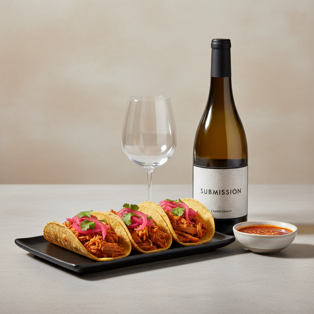 Maridaje de tacos de cochinita pibil con Vino Blanco Submission Chardonnay y salsa habaneroslider_item_HiMBLA