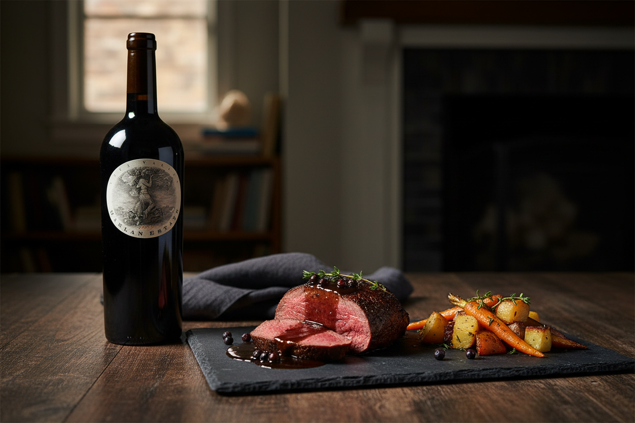 Maridaje Harlan Estate Cabernet Sauvignon Oakville Napa Valley con Reducción Intensa de Caza Mayor
