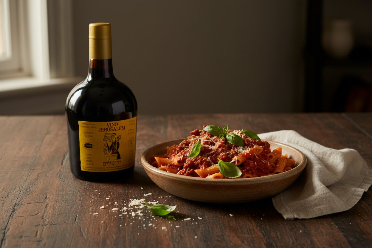 Maridaje Jerusalem Kosher Mevushal 750ml con Pasta de Salsa Roja Intensa