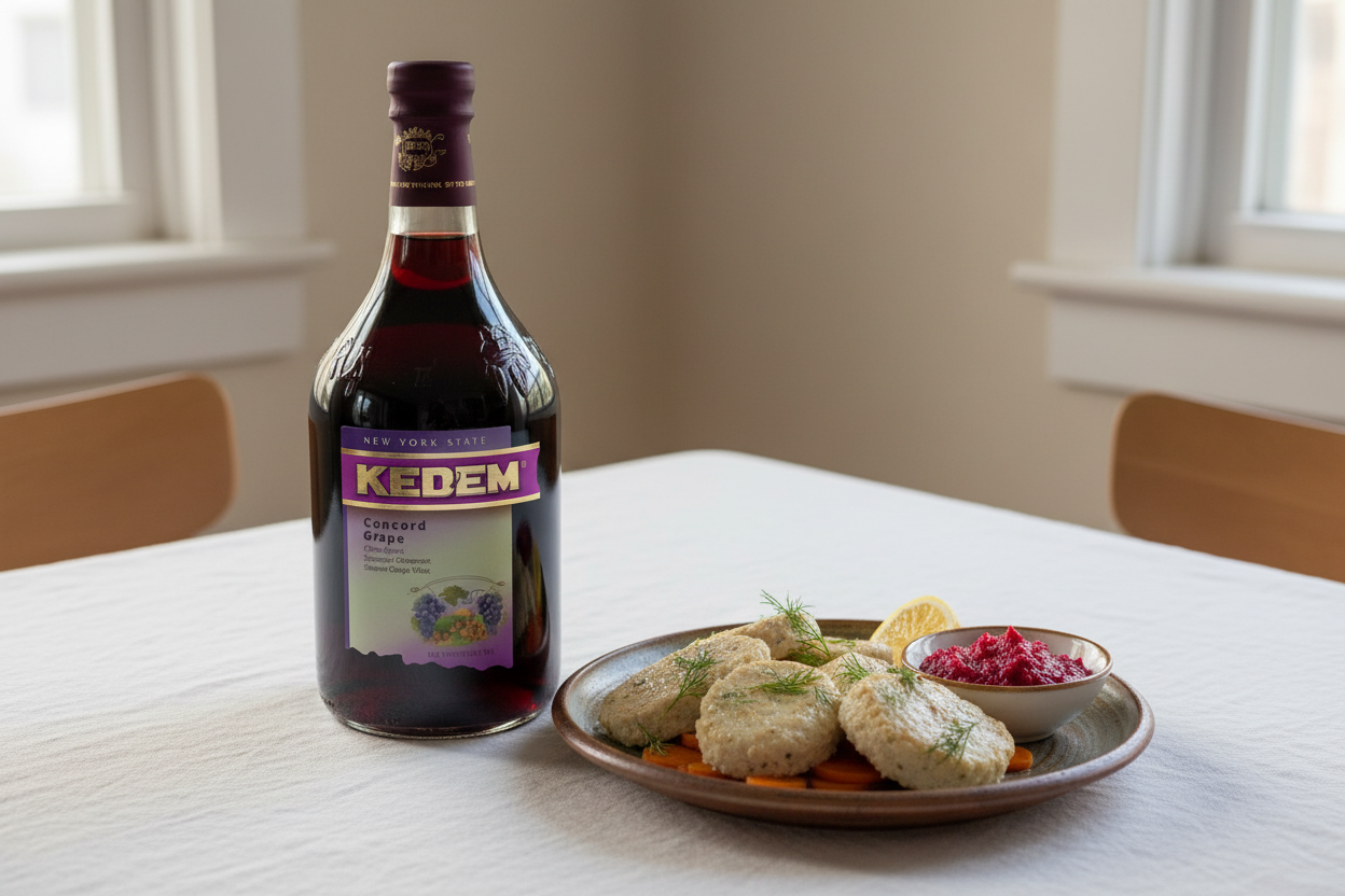 Maridaje Kedem Concord Grape 1.5L con Gefilte Fish Tradicional