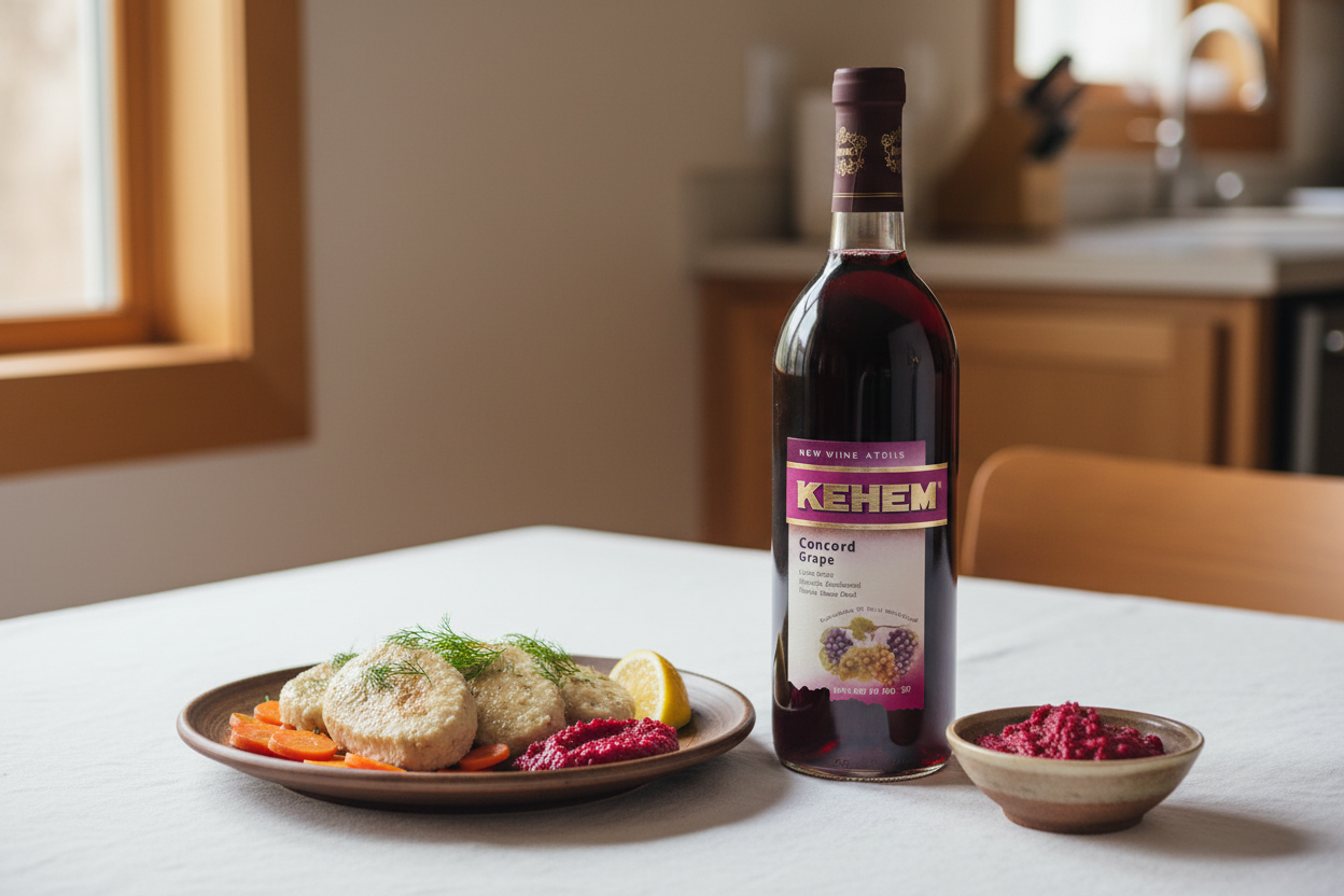Maridaje Kedem Concord Grape 750ml con Gefilte Fish Tradicional