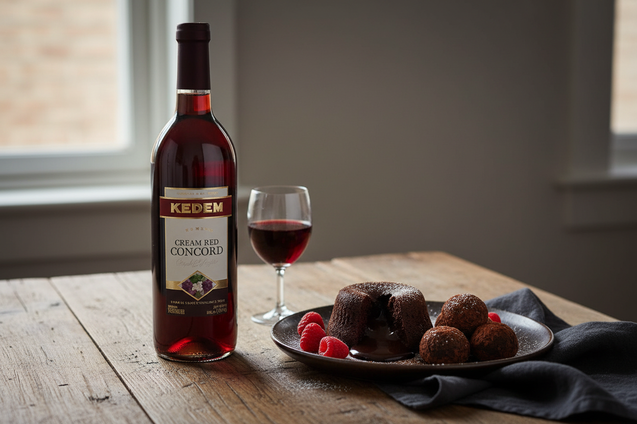 Maridaje Kedem Cream Red Concord 750ml con Postres de Chocolate