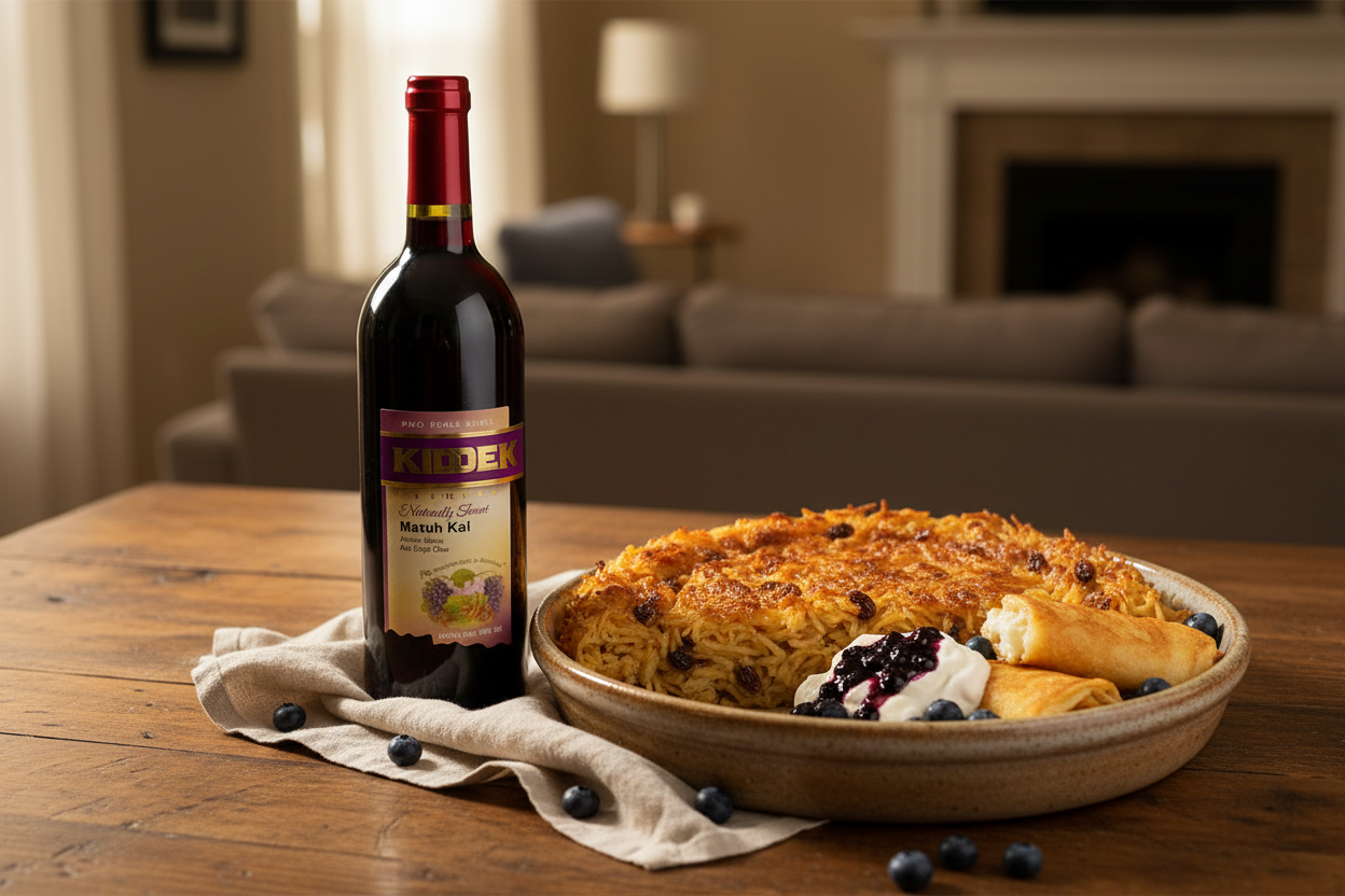 Maridaje Kedem Matuk Kal 4.5% con Kugel y Blintzes Tradicionales