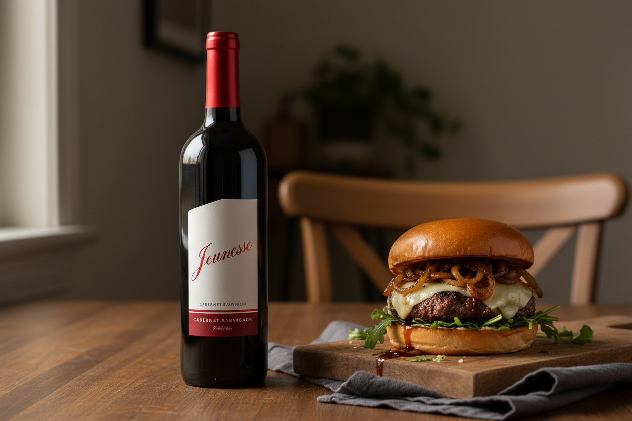 Maridaje Kosher Baron Herzog Jeunesse Cabernet Sauvignon Semi-Dulce California con Hamburguesa de Cebolla Caramelizada