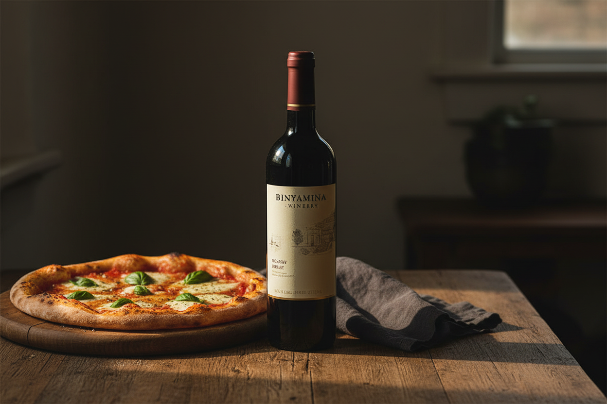 Maridaje Kosher Binyamina Moshava Merlot Israel con Pizza de Horno de Leña