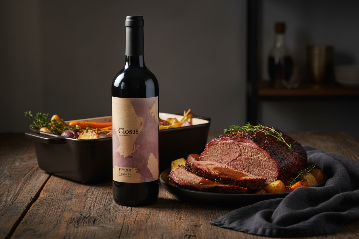 Maridaje Kosher Mevushal Clos 15 Red Blend Israel con Brisket Horneado