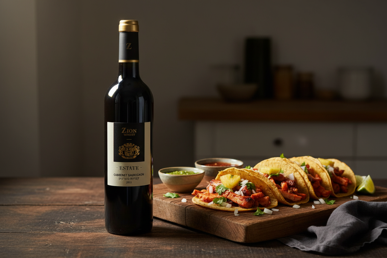 Maridaje Kosher Zion Yikvei Cabernet Sauvignon Israel con Tacos al Pastor