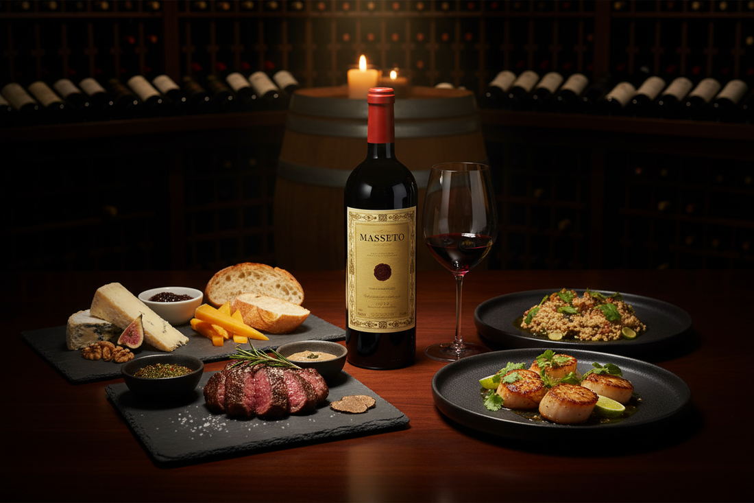 otella de vino tinto Masseto Tenuta dell'Ornellaia etiqueta minimalista gris