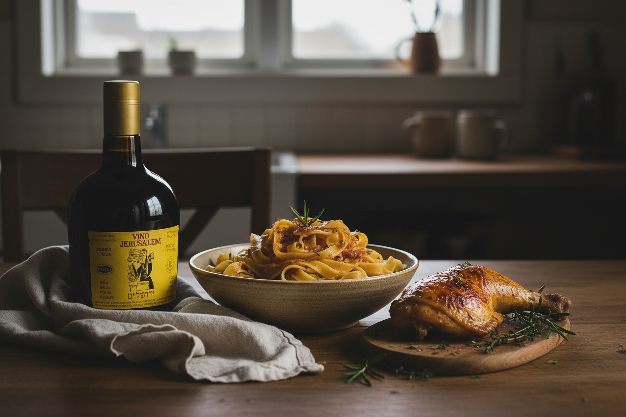 Maridaje Vino Tinto Kosher Jerusalem 200ml con Pappardelle y Pollo Rostizado