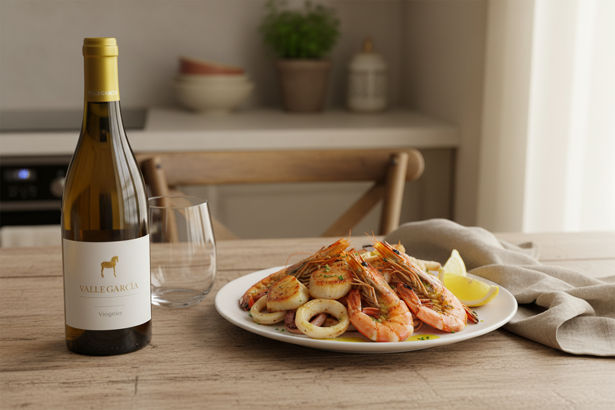 Mariscos a la plancha con Vallegarcía Viognier 2023