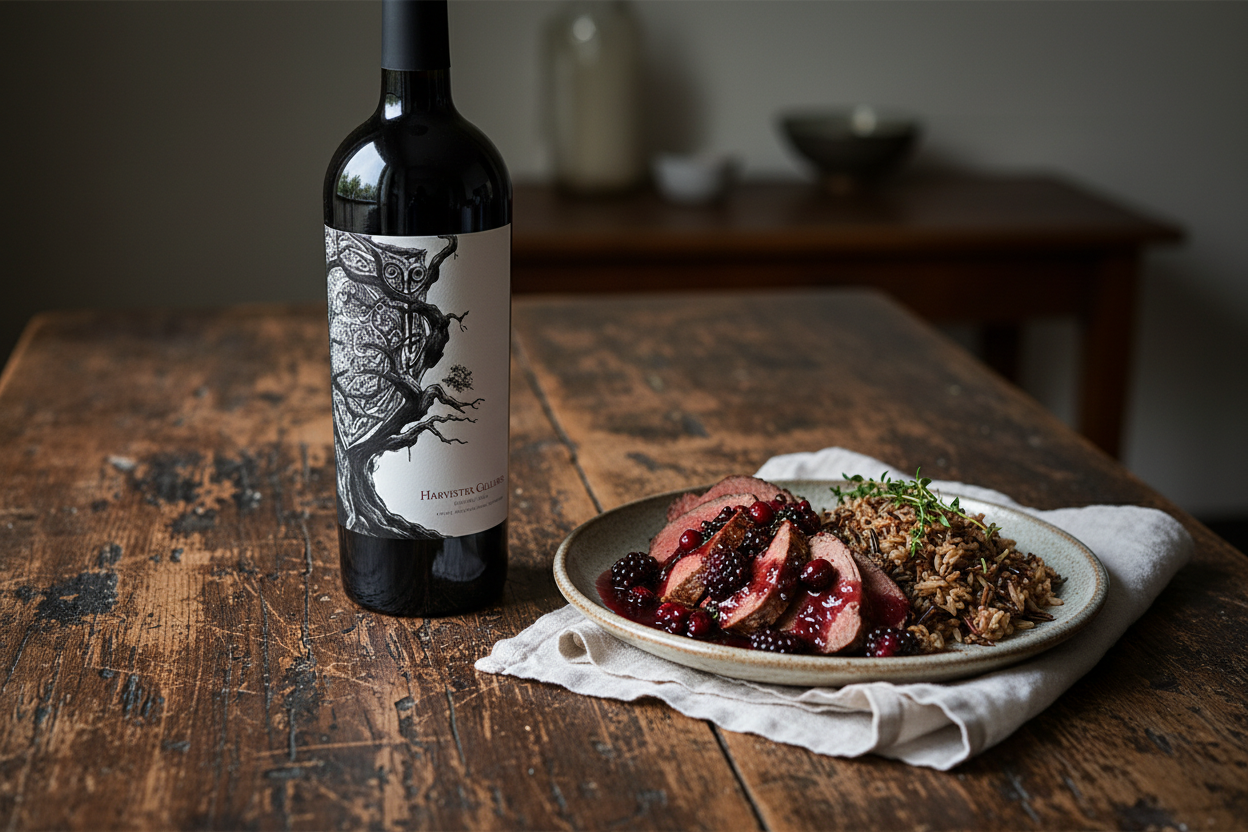 Mount Peak Sentinel Cab Sauv con venado en salsa de frutos rojos
