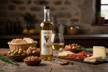 Orujo en un vaso con botella y botanas