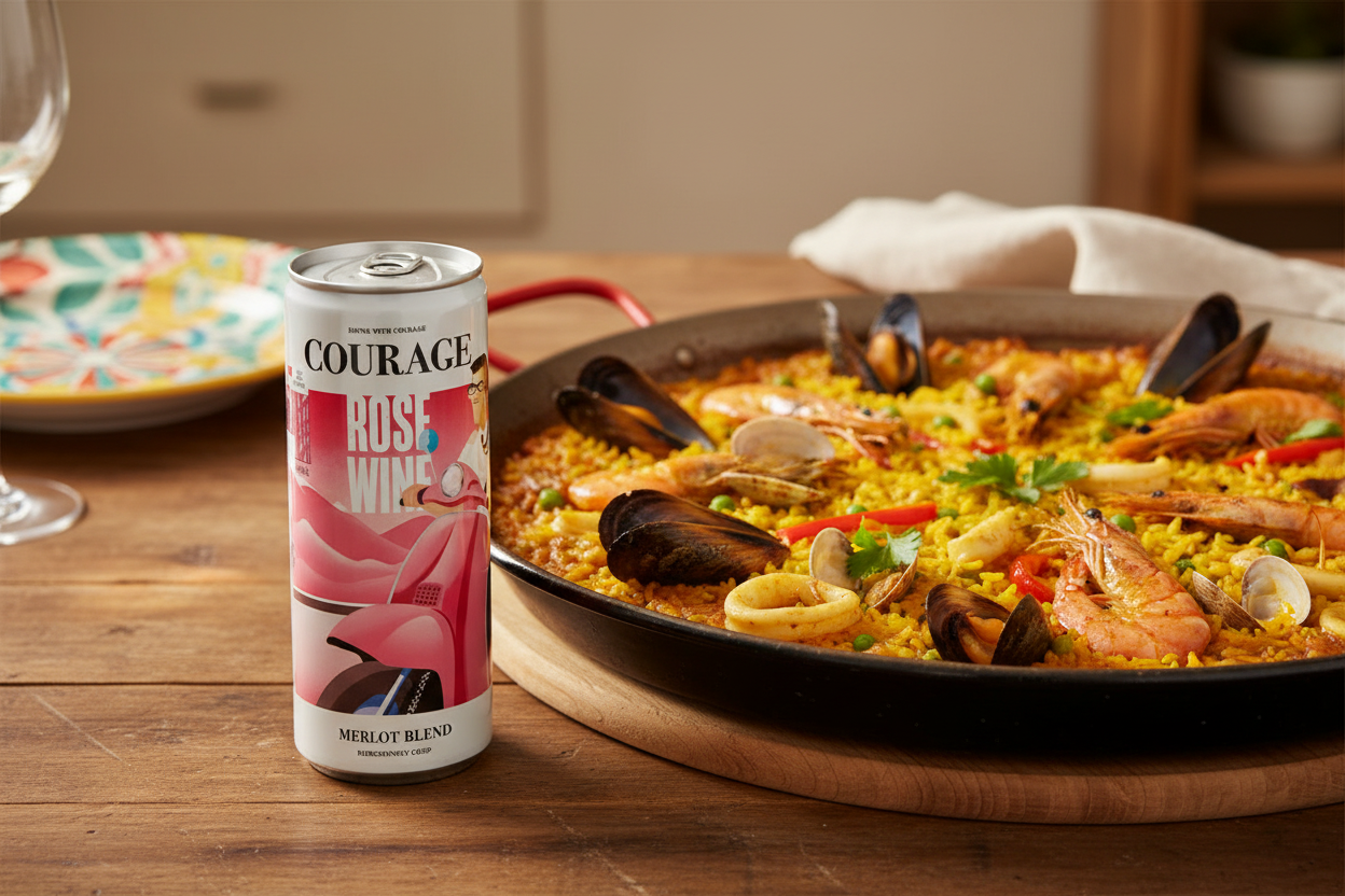 Paella de mariscos con Rosado Merlot Courage
