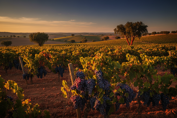 Paisaje en Alentejo protugal con viñedos y uvas regionales