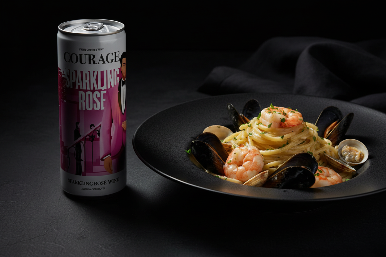 Pasta con mariscos con Rosado Espumoso Courage