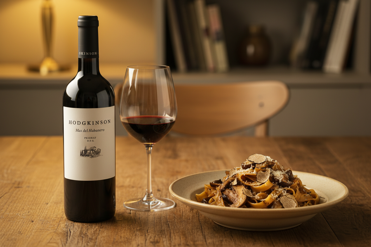 Pasta con salsa de vino y boletus