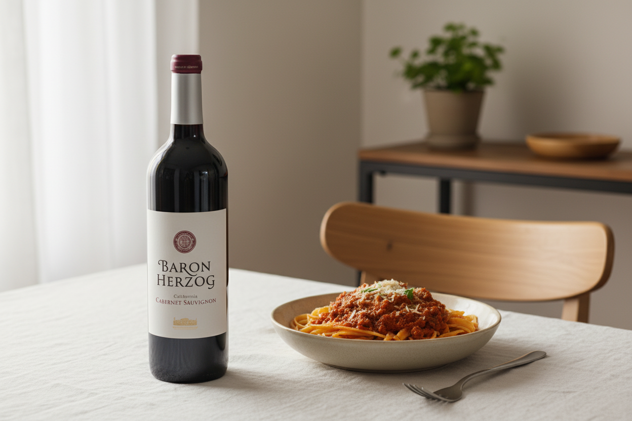 Pasta con salsa roja con Baron Herzog Cabernet Sauvignon