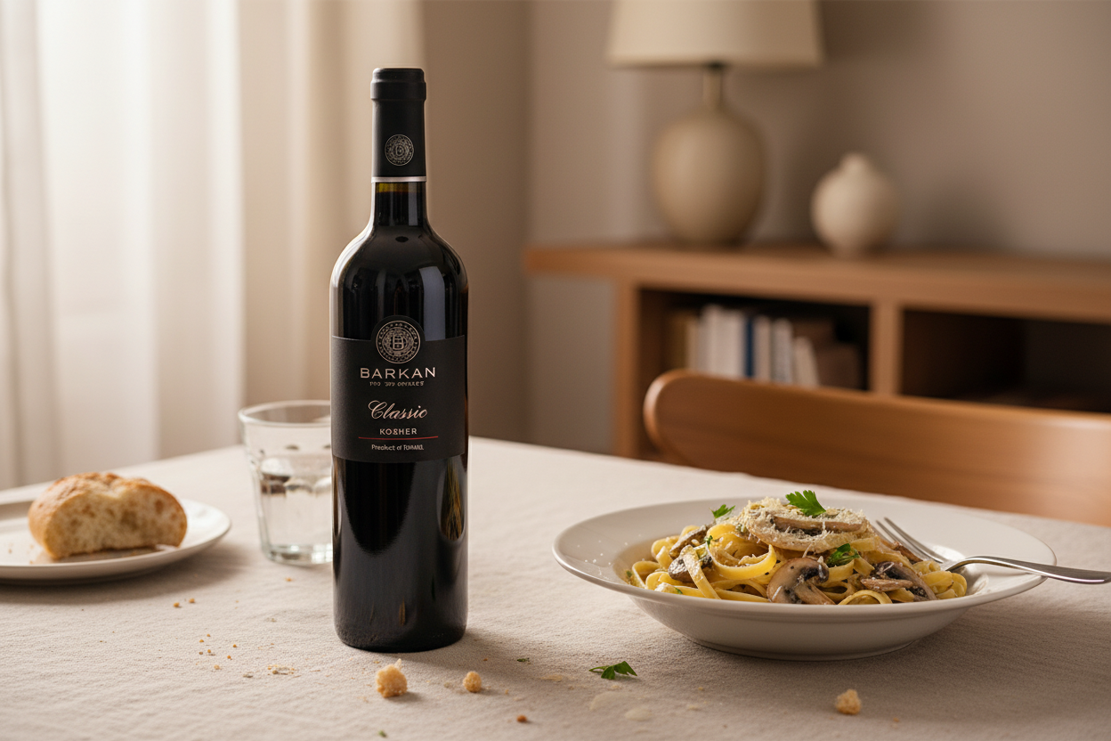 Pasta con salsa suave con Barkan Classic Merlot