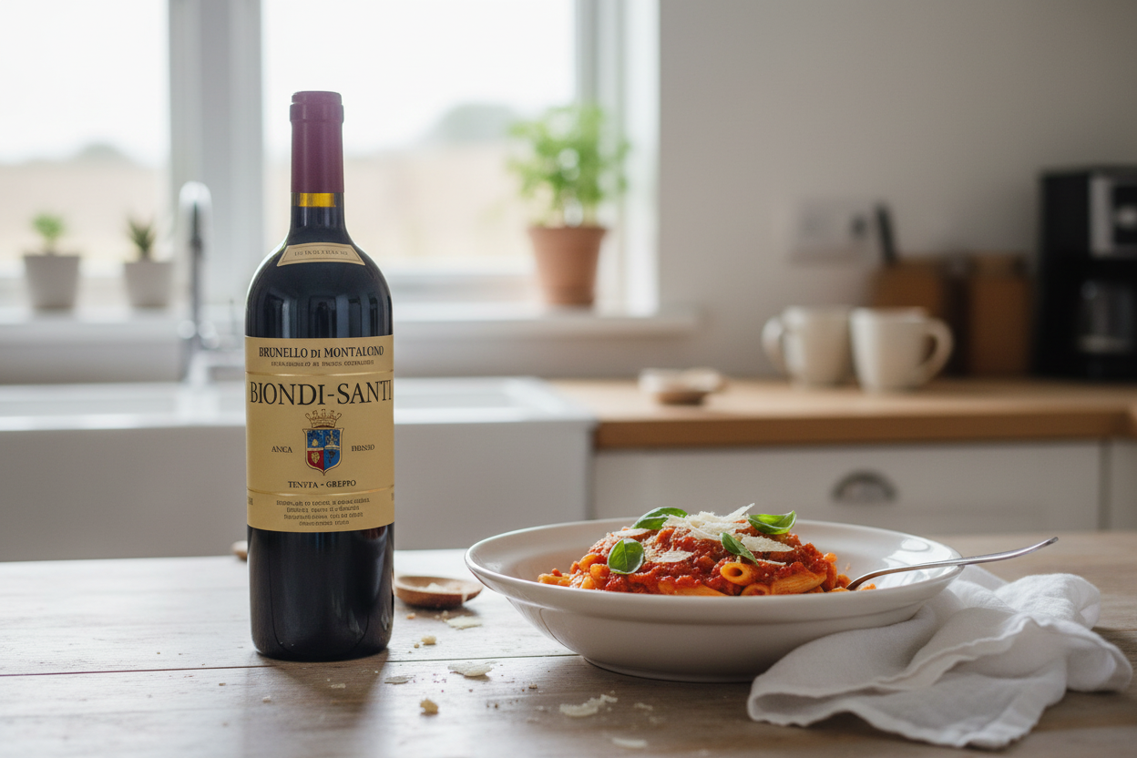 Pasta con tomate con Rosso di Montalcino