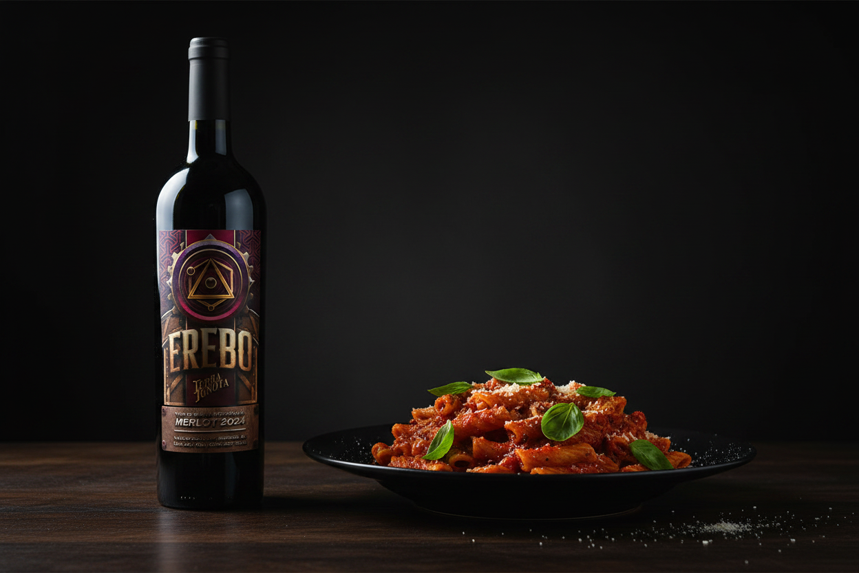 Pasta con tomate y especias con Erebo Merlot
