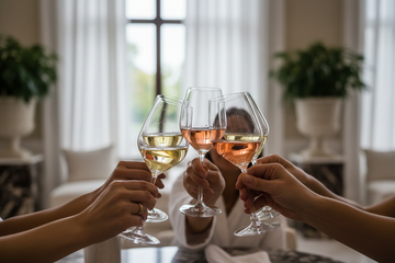 Personas brindando con vinos blancos y rosados
