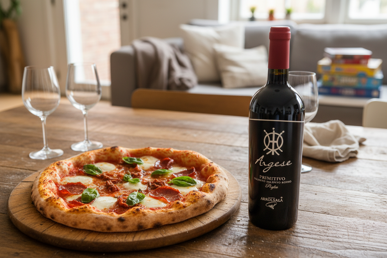 Pizza con embutidos con Argese Primitivo
