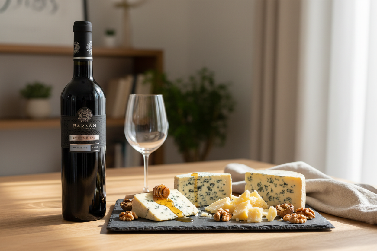 Quesos azules y curados con Barkan Classic Petite Sirah